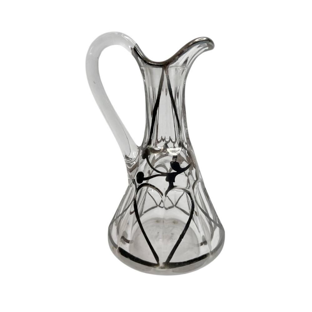 Vintage Silver Overlay Oil Or Vinegar Cruet Pitcher 5” Heart Pattern